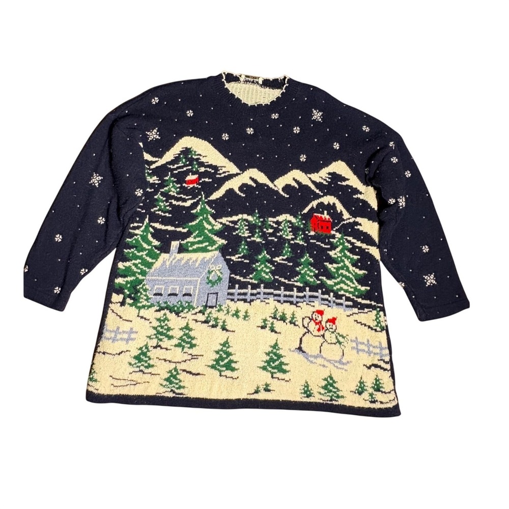 Vintage Winter Landscape Snowman Knit Sweater Blue USA Grannycore Cabincore